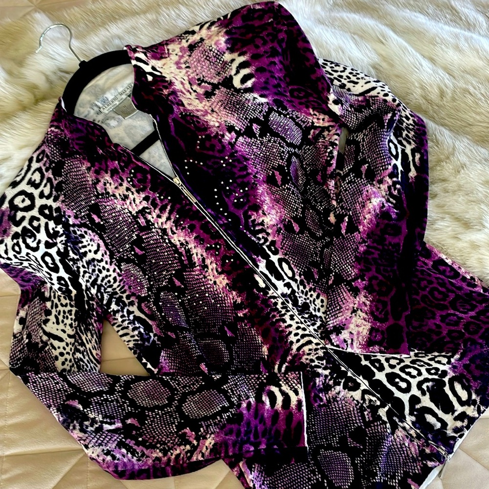 Alberto Makali Plum/Blk/White zip front Animal print Sweater- SZMed